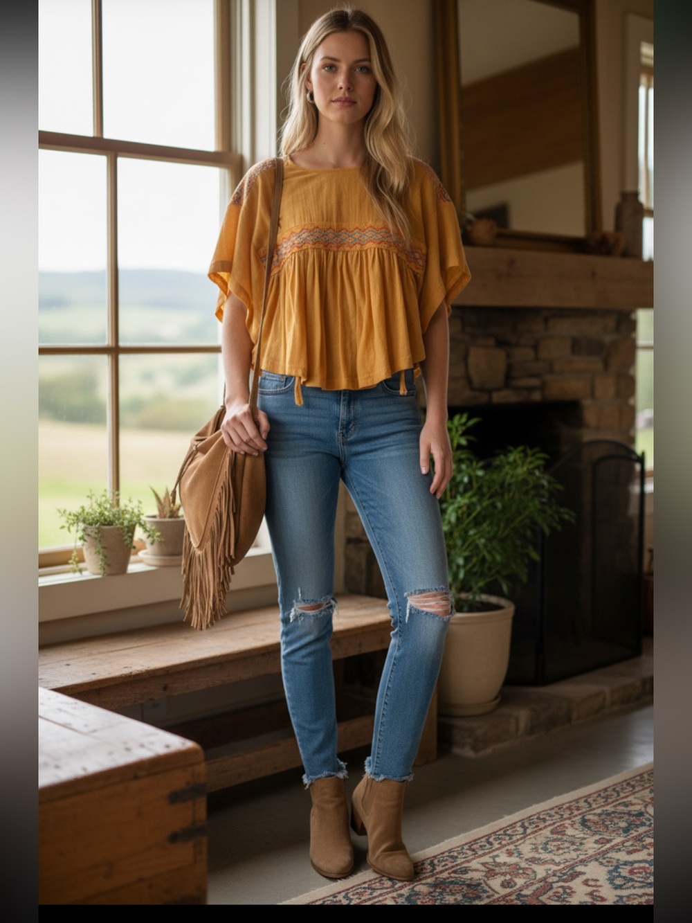 Free People Mustard Embroidered Yoke Tassel Tunic